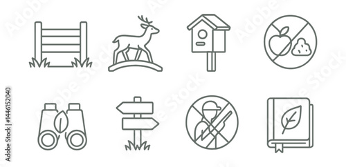 Obraz na płótnie Line style icons of wildlife protection: habitat fence, animal crossing, nest box, food ban icon, eco binoculars, trail sign, anti-poaching icon, field log. w salonie