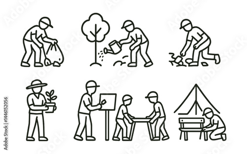 Obraz na płótnie Line style icons of outdoor volunteering: trash pickup, tree watering, path repair, garden helper, sign painting, event setup, tent raising, bench fix. w salonie