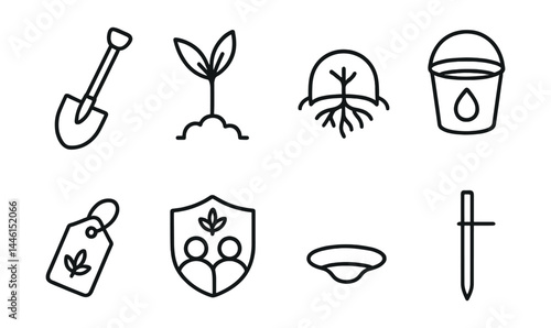 Line style icons of tree planting events: shovel tool, young sapling, root protector, water bucket, tag icon, team badge, dig spot, green stake.