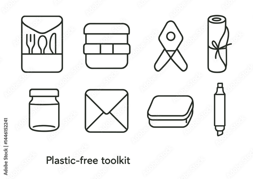 Line style icons of plastic-free toolkit: utensil pouch, lunch set, wrap clip, cloth bag roll, small jar, napkin wrap, soap tin, refillable marker.