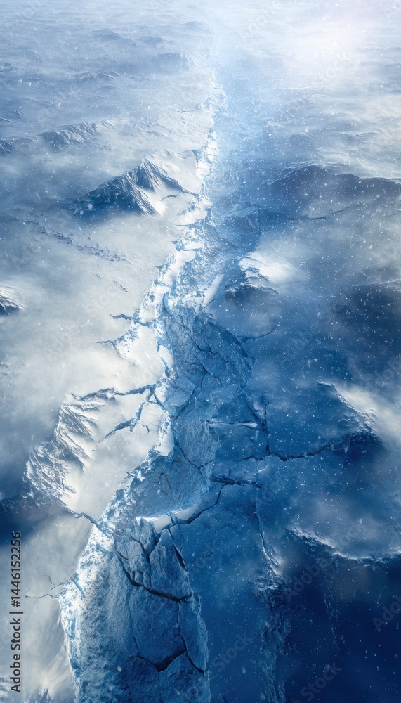Aerial View of Glacial Crevasses and Snowfall Under a Cloudy Sky for Nature Photography