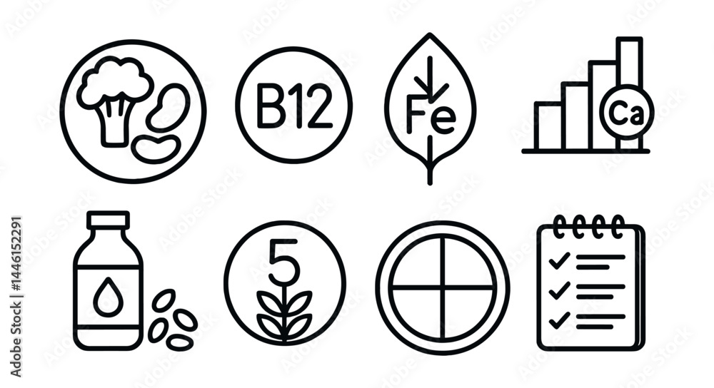 Line style icons of balanced vegan diet: protein plate, vitamin B12 icon, iron-rich leaf, calcium chart, omega-3 flax bottle, fiber count, full plate guide, meal planner.