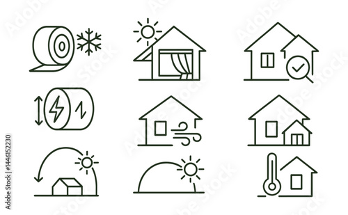 Line style icons of regional energy tips: cold region bundle icon, warm zone shading, temperate curtain guide, monsoon roof check, seasonal power shift, wind block setup, daily sun path, thermal