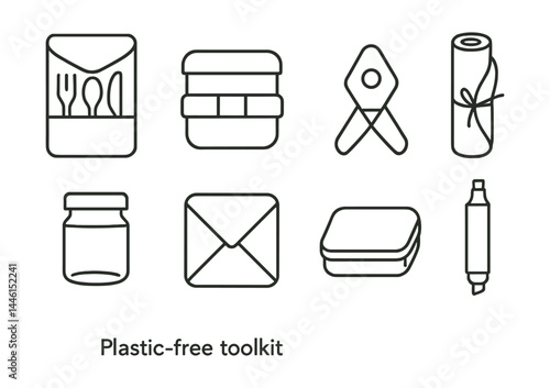 Obraz na płótnie Line style icons of plastic-free toolkit: utensil pouch, lunch set, wrap clip, cloth bag roll, small jar, napkin wrap, soap tin, refillable marker. w salonie