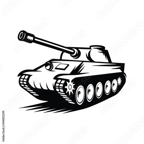 Black and White Tank Silhouette, Heavy Armor with Gun Barrel, Military Vehicle,Isolated