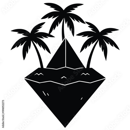 Tropical Island Paradise Minimalist Palm Tree and Pyramid Island Illustration