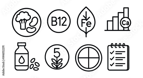 Obraz na płótnie Line style icons of balanced vegan diet: protein plate, vitamin B12 icon, iron-rich leaf, calcium chart, omega-3 flax bottle, fiber count, full plate guide, meal planner. w salonie