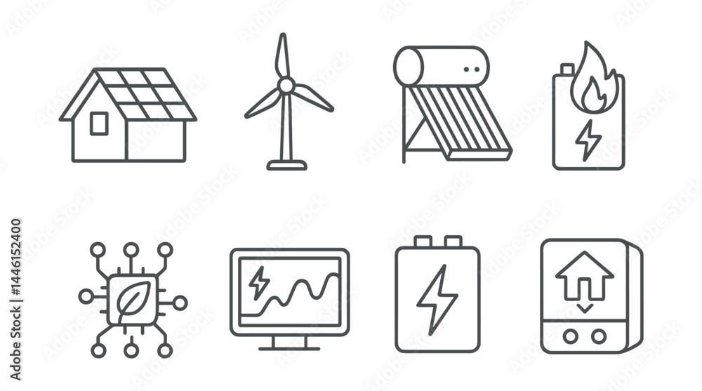 Line style icons of renewable home systems: solar panel roof, wind mini-turbine, solar water heater, thermal battery, green circuit icon, energy dashboard, power storage box, home inverter.