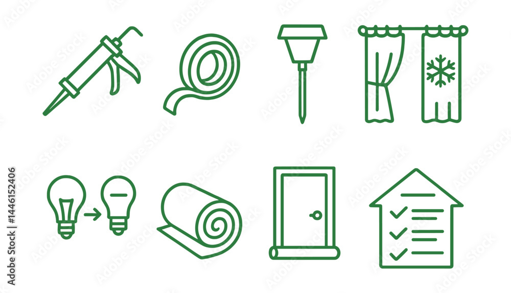 Line style icons of DIY green upgrades: caulking gun, weatherstrip tape, solar path light, thermal curtain, LED bulb swap, insulation roll, door draft blocker, home efficiency checklist.