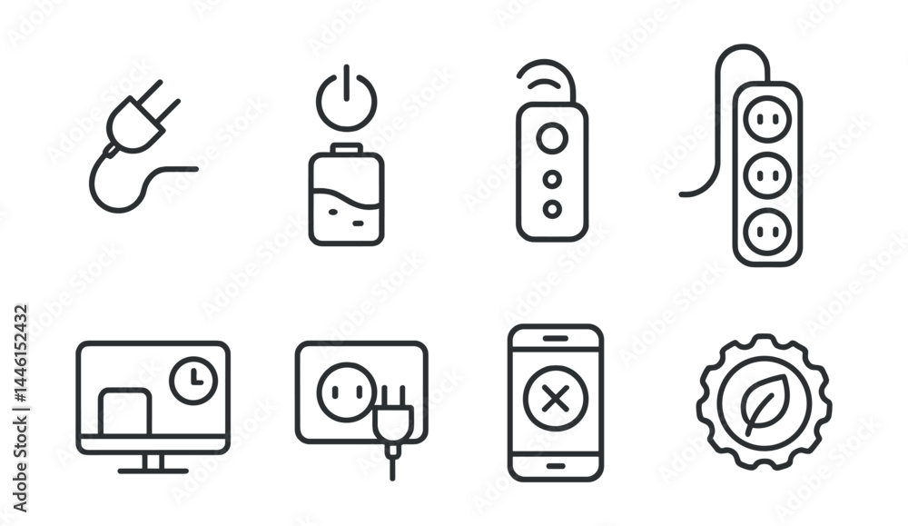 Line style icons of plug & device efficiency: unplug charger symbol, standby drain icon, remote switch label, power bar icon, device hour limit, shared socket plan, app off alert, green tech badge.