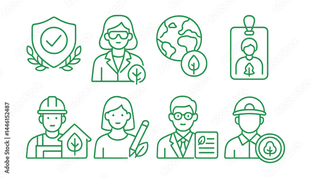 Fototapeta premium Line style icons of green career awareness: sustainability badge, environmental scientist icon, green builder symbol, nature guide tag, eco-designer, policy intern, renewable tech job, conservation