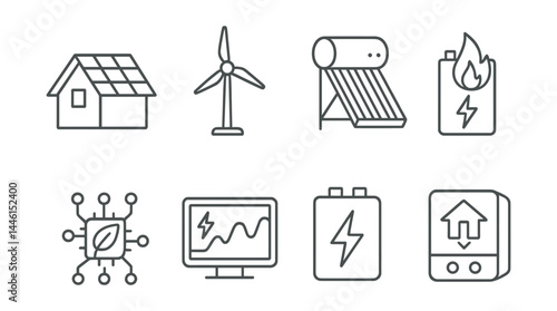 Obraz na płótnie Line style icons of renewable home systems: solar panel roof, wind mini-turbine, solar water heater, thermal battery, green circuit icon, energy dashboard, power storage box, home inverter. w salonie