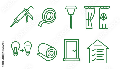 Obraz na płótnie Line style icons of DIY green upgrades: caulking gun, weatherstrip tape, solar path light, thermal curtain, LED bulb swap, insulation roll, door draft blocker, home efficiency checklist. w salonie