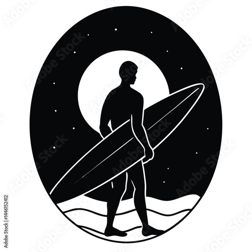 Night Surfing Silhouette of Surfer with Board under Moonlight