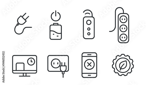 Obraz na płótnie Line style icons of plug & device efficiency: unplug charger symbol, standby drain icon, remote switch label, power bar icon, device hour limit, shared socket plan, app off alert, green tech badge. w salonie