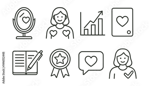 Line style icons of self-esteem and growth: mirror with heart, self-love icon, growth graph, affirmation card, journal pen, checkmark for self, courage badge, support message.