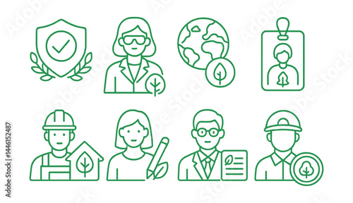 Line style icons of green career awareness: sustainability badge, environmental scientist icon, green builder symbol, nature guide tag, eco-designer, policy intern, renewable tech job, conservation