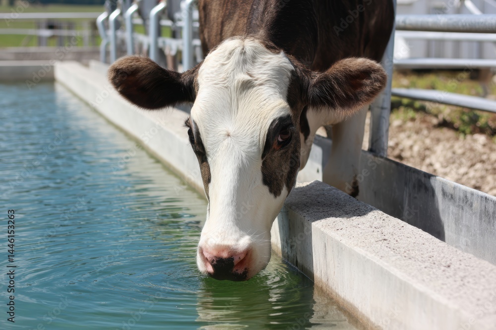 Cow Drinking from Freshwater Trough in Clean Open Pen for Agricultural Stock Use