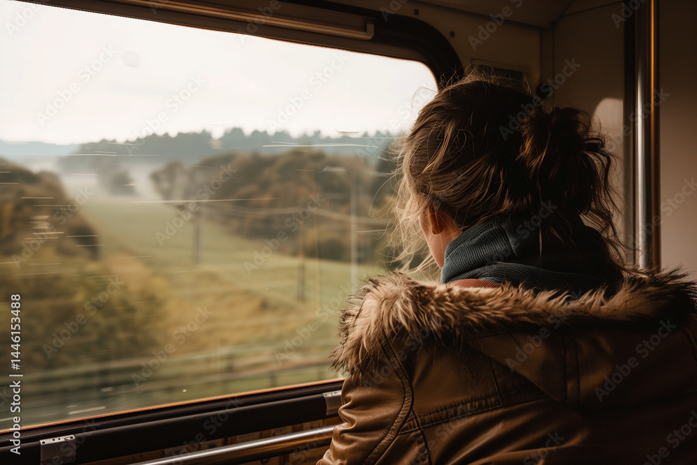 Passenger looking at the scenery outside the window in countryside train cabin, natural and soft lighting. Generative AI