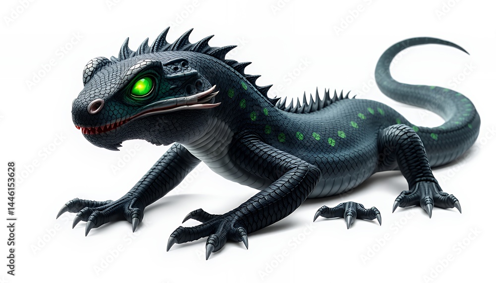 Black Scaled Fantasy Beast with Green Eyes Isolated on White Background Flat Graphic Illustration for Fantasy Tales and Mythical Creature Designs