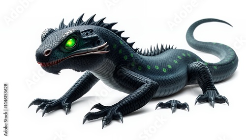 Obraz na płótnie Black Scaled Fantasy Beast with Green Eyes Isolated on White Background Flat Graphic Illustration for Fantasy Tales and Mythical Creature Designs w salonie