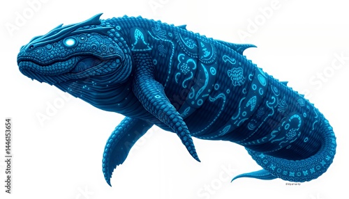 Obraz na płótnie Blue Whale Like Mystical Creature with Glowing Eyes Isolated on White Background A Fantasy Illustration Featuring Detailed Graphics and Intricate Fairytale Symbols w salonie