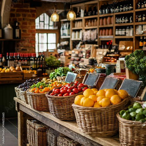 Wallpaper Mural Colorful display of fresh produce in a rustic market setting with shelves filled with goods Torontodigital.ca