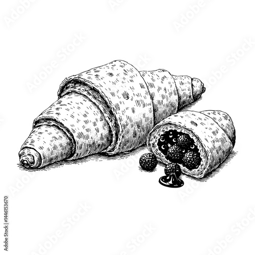 Vintage sketch of croissant with berry jam close-up on white background, ideal for culinary blogs and recipe websites