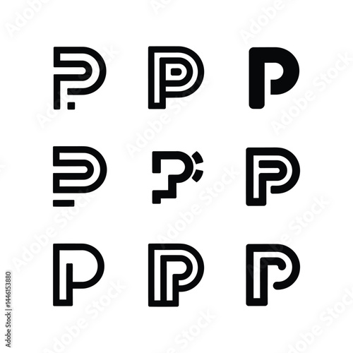 Collection of modern minimalist initial letter P logos on solid white background