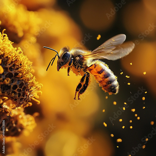 Buzzing bee gathering pollen from golden flowers during a sunny day in a vibrant garden