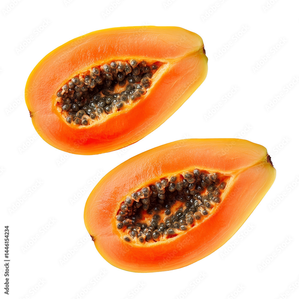 Fresh sweet papaya slices arranged on a clean transparent background for a bright and vibrant presentation, Slices of sweet papaya isolated on transparent background Fresh sweet papaya slices arranged on a clean transparent background for a bright and vibrant presentation, Slices of sweet papaya isolated on transparent background