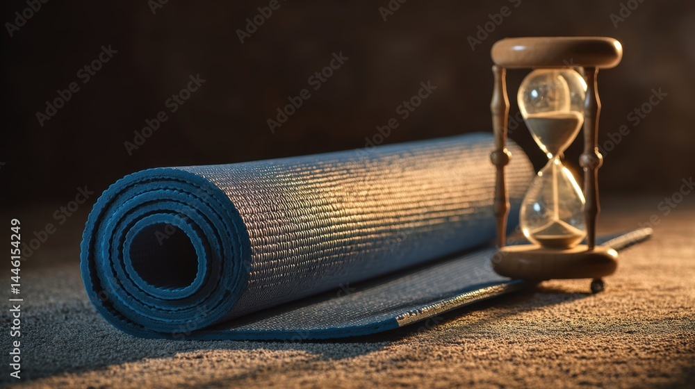 Mindful Meditation Setup: Yoga Mat and Sand Timer for Focus on Present Moment in Tranquil Space