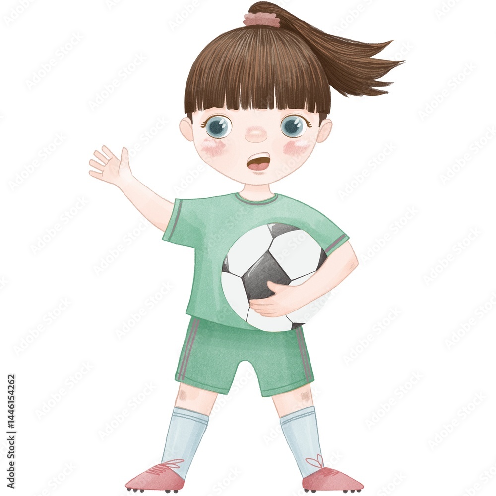Watercolor style illustration of a smiling girl in a green soccer uniform, holding a football and waving her hand. Watercolor style illustration of a smiling girl in a green soccer uniform, holding a football and waving her hand.