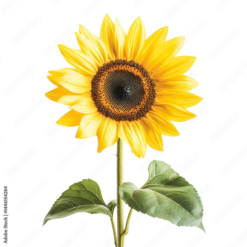 Obraz premium Vibrant sunflower with lush green leaves isolated on a clean transparent background, showcasing natures beauty and elegance, Sunflower, isolated, transparent backgroundGenerative IA