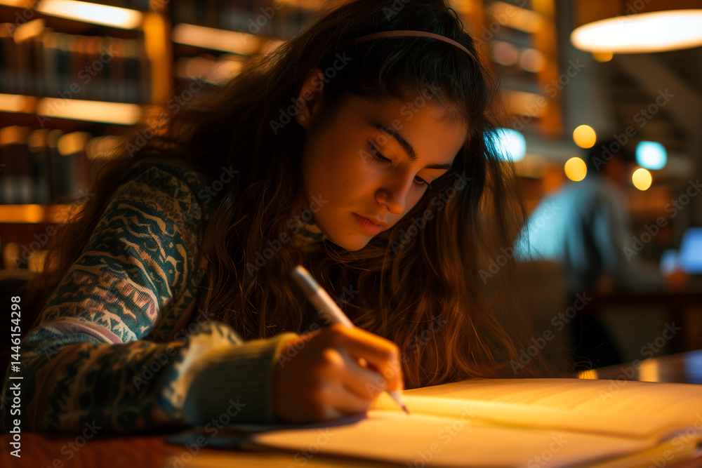 Girl student reading a book in a quiet library, soft indoor lighting, thoughtful mood. Generative AI
