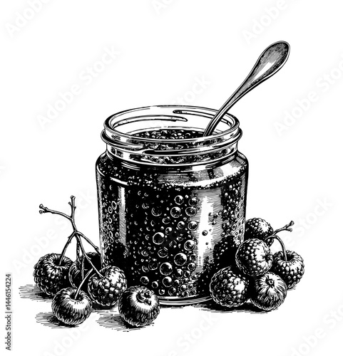 Vintage black and white sketch of jar filled with berry jam and spoon, culinary art, elegant design