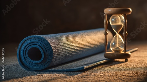 Obraz na płótnie Mindful Meditation Setup: Yoga Mat and Sand Timer for Focus on Present Moment in Tranquil Space w salonie