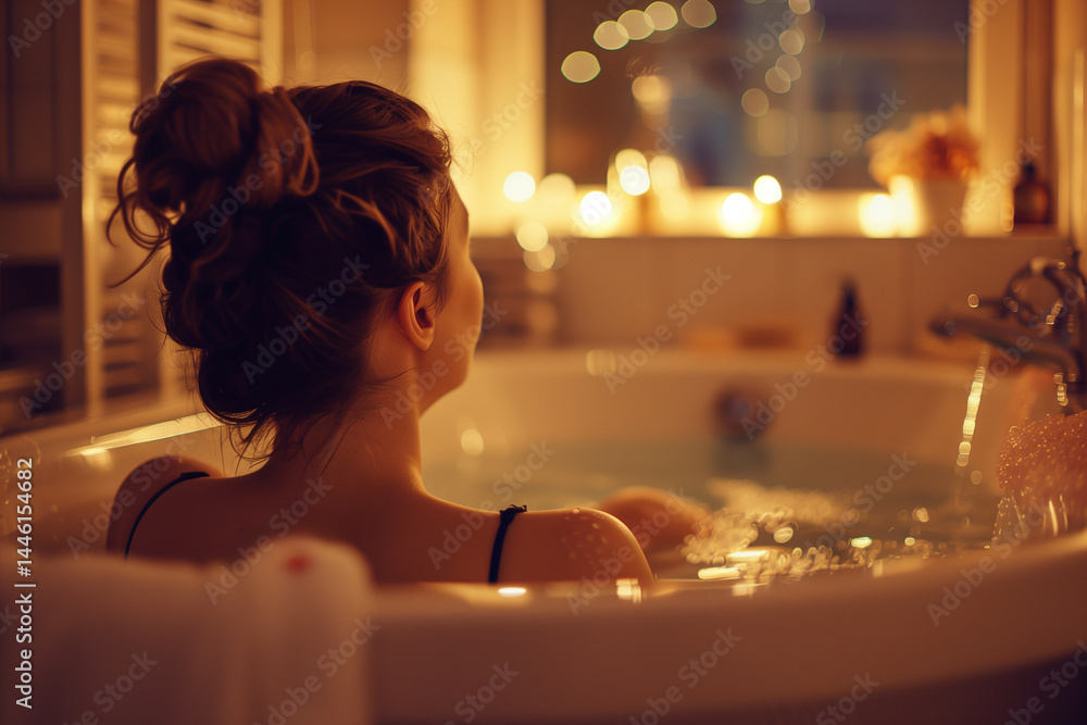 Female in a hot bath with bath salts in a bathroom. Generative AI
