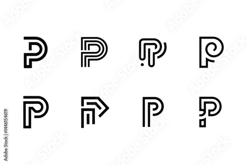 Collection of modern minimalist initial letter P logos on solid white background
