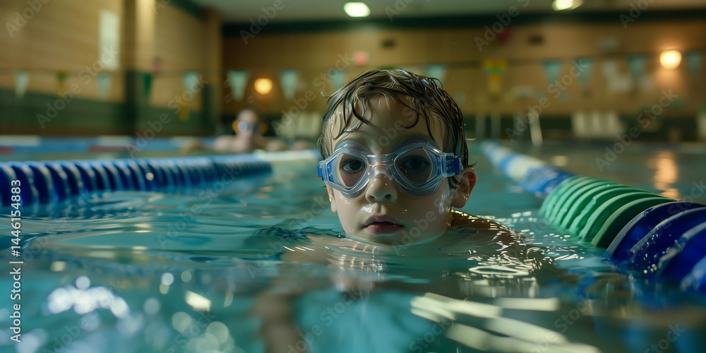 Joyful child wearing goggles enthusiastically swimming happily in a pool. Generative AI