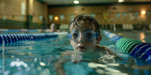 Obraz na płótnie Joyful child wearing goggles enthusiastically swimming happily in a pool. Generative AI w salonie