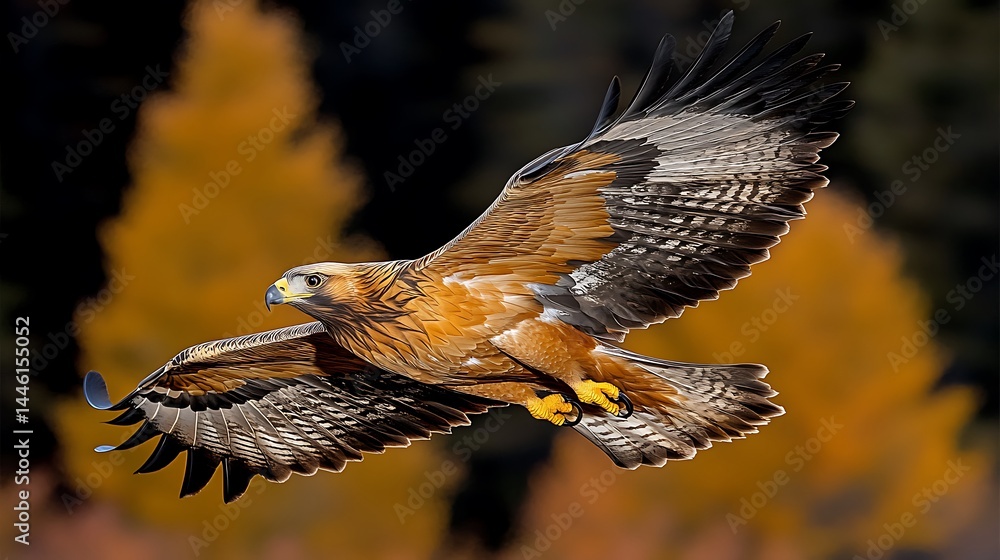 Obraz premium Golden eagle in flight, autumn backdrop (1)