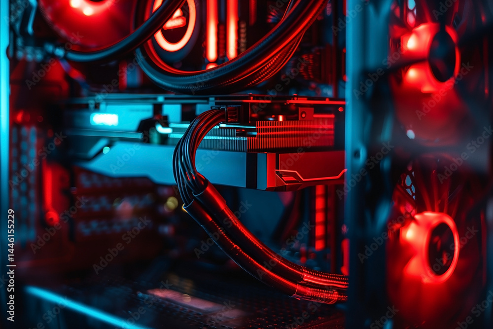 Closeup details of a computer that has many colorful lights on it. Generative AI