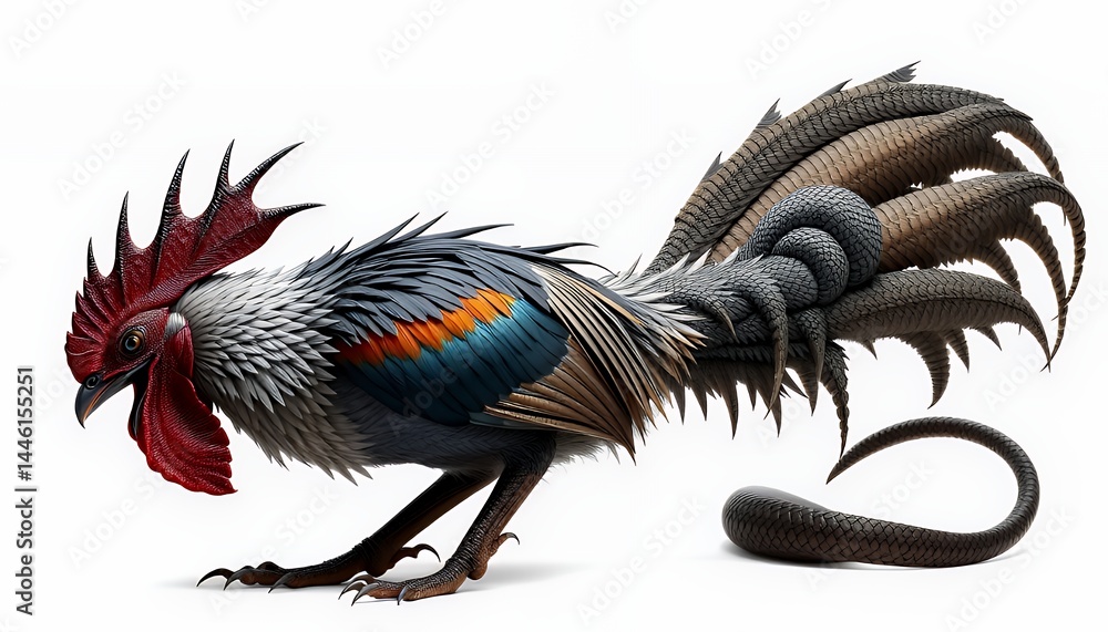 Stylized Pixelated Rooster Illustration Composed of Geometric Shapes in White Background Fantasy Beast Isolated
