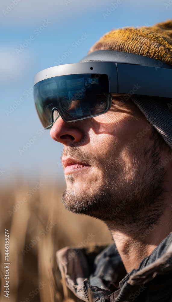 Farmer Analyzing Crop Data with Augmented Reality Smart Glasses for Enhanced Agriculture Management