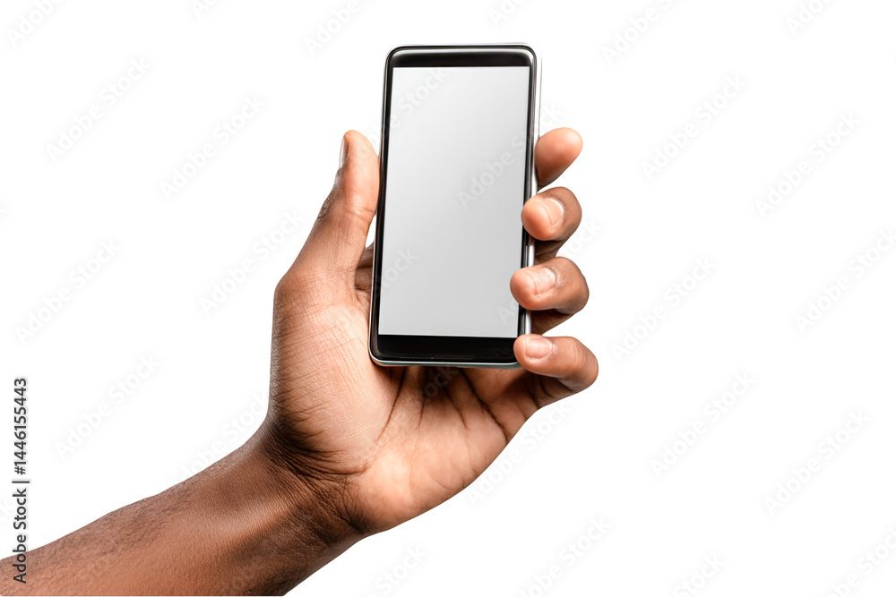 Dark skin hand holding smartphone blank screen mockup Dark skin hand holding smartphone blank screen mockup
