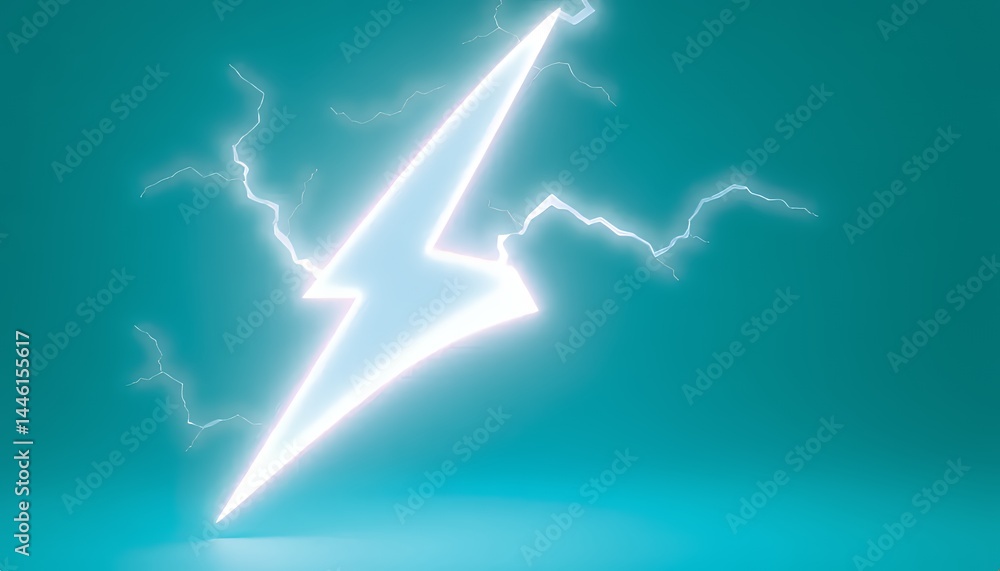 Bright Neon Lightning Bolt with Electric Sparks on Teal Background Creates a Modern and Energetic Visual for Designs Symbolizing Power and Innovation