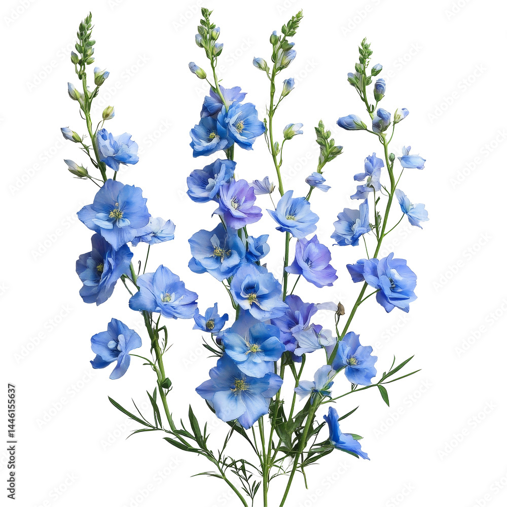 Delphinium flowers in a stunning bouquet featuring rich blues and greens arranged for a vibrant floral display, delphinium Flowers Floral Bouquets flowers with transparent background