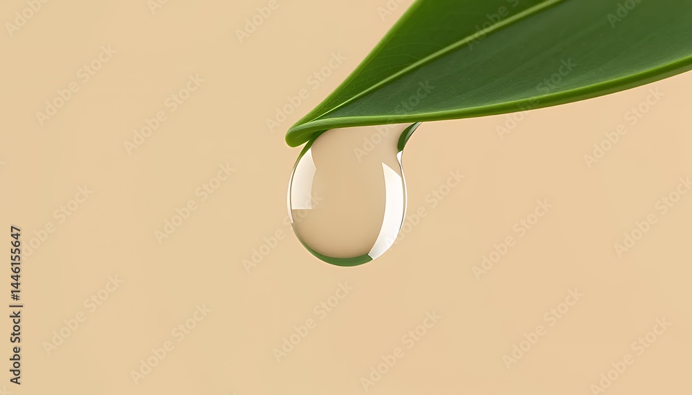 Captivating Water Droplet Hanging from Green Leaf Tip in Macro Still Life on Beige Backdrop Symbolizing Purity Refreshment Growth Ideal for Earth Day Theme