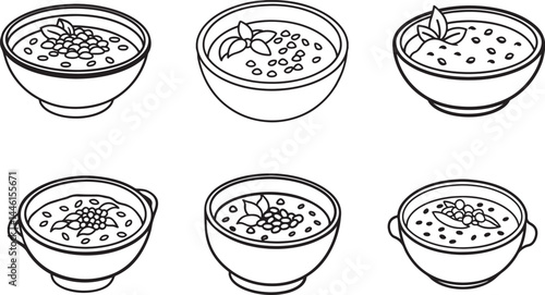 set of tomato and lentil soup line art, black outline, vector and illustration, coloring book page line art drawing